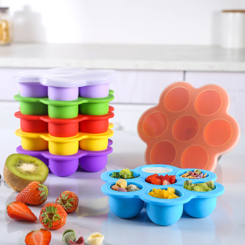 Baby Food Bites - 7-Loch Wiederverwendbare Silikon-Babynahrung-Gefrierform, Frischhaltedose, Eierform, BPA-frei,